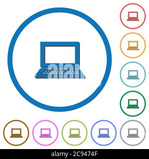 Computer portatile con icone vettoriali a colori piatti a schermo vuoto con ombre in contorni rotondi su sfondo bianco Illustrazione Vettoriale