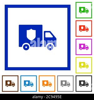Icone piatte a colori per veicoli commerciali in cornici quadrate su sfondo bianco Illustrazione Vettoriale