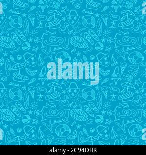 Spiaggia estiva disegno a mano motivo senza giunture. Vacanze doodles su sfondo blu. Illustrazione Vettoriale