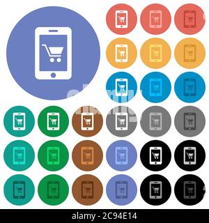 Shopping mobile icone piatte multicolore su sfondi rotondi. Incluse variazioni delle icone bianche, chiare e scure per gli effetti di stato attivo e del passaggio del mouse Illustrazione Vettoriale