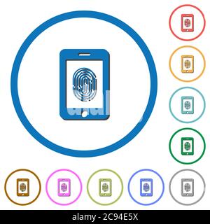 Identificazione delle impronte digitali dello smartphone icone vettoriali piatte a colori con ombre in contorni rotondi su sfondo bianco Illustrazione Vettoriale