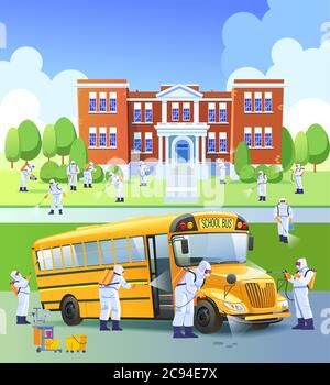 Scuola chiusa, quarantena. I lavoratori spruzzano disinfettanti nell'ambito di misure preventive contro la diffusione del covid-19 o del nuovo coronavirus, in un Illustrazione Vettoriale