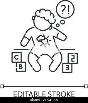 Icona lineare ritardo sviluppo. Bambino con difficoltà di apprendimento. Problema di capacità cognitiva. Illustrazione personalizzabile su linee sottili. Simbolo del contorno. Ve Illustrazione Vettoriale