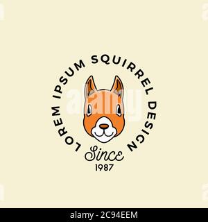 Linea stile Squirrel faccia con retro tipografia. Segno vettoriale astratto, simbolo o modello di logo. Silhouette cartoon. Illustrazione Vettoriale