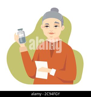 Donna cinese anziana che prende la medicina - disegno piatto illustrazione di stile Illustrazione Vettoriale