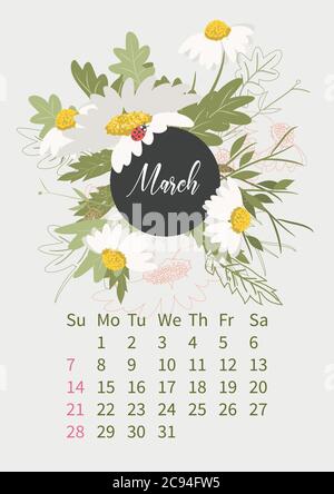 Calendario dei fiori 2021 con bouquet di fiori Illustrazione Vettoriale
