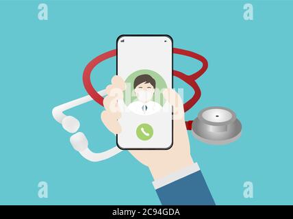 Consulenza medica online tramite smartphone. Illustrazione vettoriale di medico, smartphone e stetoscopio. Illustrazione Vettoriale