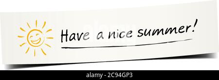Lungo banner di carta piegata con saluti stagionali scritti a mano e sole coccolante. Buona estate! Illustrazione Vettoriale