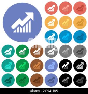 Icone piatte multicolore del grafico ascendente su sfondi rotondi. Incluse variazioni delle icone bianche, chiare e scure per gli effetti di stato attivo e del passaggio del mouse e bo Illustrazione Vettoriale