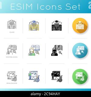 Set di icone accademiche per lo studio. Stili di colore lineare, nero e RGB. Istruzione superiore. Campus universitario e scuola professionale. Condizioni speciali per disabl Illustrazione Vettoriale