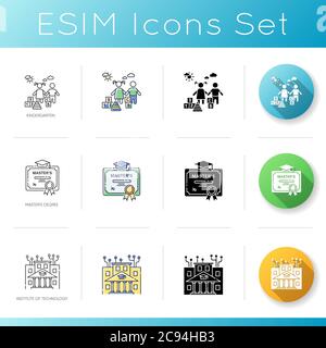 Set di icone moderne per le opportunità di apprendimento. Stili di colore lineare, nero e RGB. Scuola materna, certificato di laurea e istituto di tecnologia Illustrazione Vettoriale