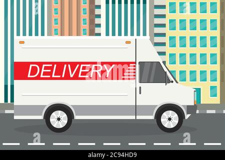 Consegna camion, furgone in stile piano, trasporto su strada cittadina, illustrazione vettoriale Illustrazione Vettoriale