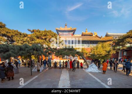 Pechino, Cina - Gen 12 2020: Persone non identificate rispettano gli dei e il Buddha al Tempio lama di Yonghegong - il Palazzo della Pace e dell'armonia Foto Stock