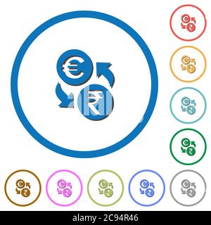 Euro Rupee money Exchange icone vettoriali di colore piatto con ombre in contorni rotondi su sfondo bianco Illustrazione Vettoriale