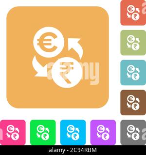 Euro Rupee scambio di denaro icone piatte su sfondi quadrati arrotondati colori vivaci. Illustrazione Vettoriale
