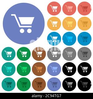 Carrello vuoto icone piatte multicolore su sfondi rotondi. Incluse variazioni delle icone bianche, chiare e scure per gli effetti di stato attivo e del passaggio del mouse, Illustrazione Vettoriale