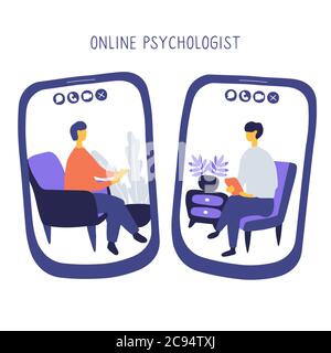 Il medico e il paziente comunicano tramite videochiamata. Concetto di psichiatra online. Due persone sullo schermo degli smartphone parlano tra loro. Disegnata a mano Illustrazione Vettoriale