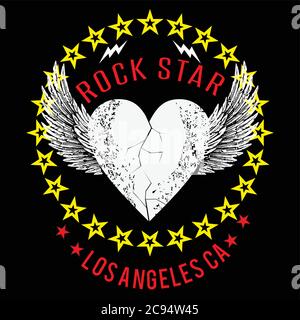 Disegno vettoriale per t-shirt di cuore rosso con ali bianche isolate su nero. Illustrazione di un cuore rotto che vola. Illustrazione Vettoriale