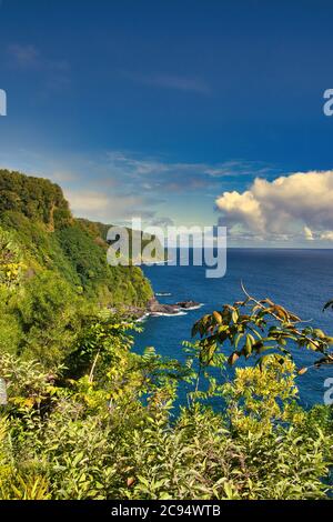 Splendida vista tropicale lungo la strada per hana su Maui. Foto Stock