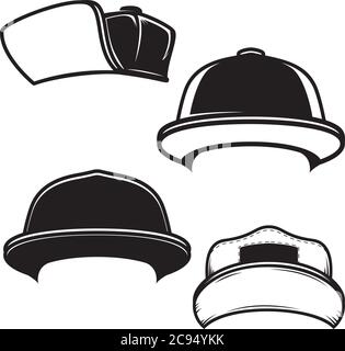 Set di illustrazioni di cappelli da baseball. Elemento di design per logo, emblema, segno, poster, scheda, banner. Illustrazione vettoriale Illustrazione Vettoriale