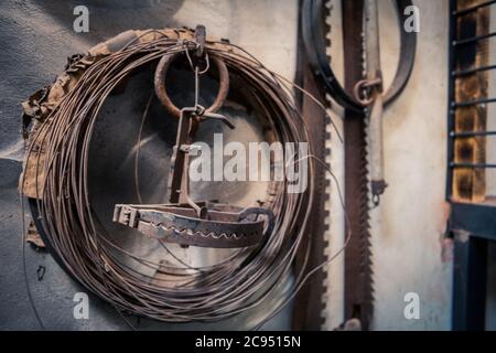 ´s vecchia trappola arrugginita appesa a parete nel capannone del cacciatore con filo a spirale e seghe ossee Foto Stock