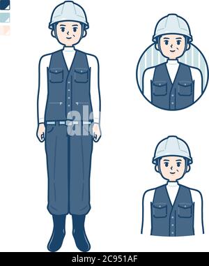 Un uomo che indossa un abbigliamento da lavoro con immagini sorridenti. È arte vettoriale, quindi è facile da modificare. Illustrazione Vettoriale