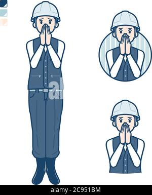 Un uomo che indossa un abbigliamento da lavoro con immagini stupite e poco facili. È arte vettoriale, quindi è facile da modificare. Illustrazione Vettoriale