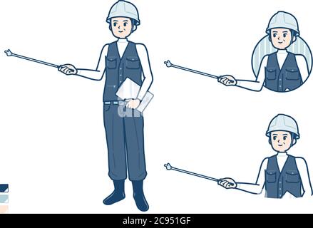 Un uomo che indossa un abbigliamento da lavoro con spiegazione con un'immagine puntata. È arte vettoriale, quindi è facile da modificare. Illustrazione Vettoriale