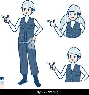 Un uomo che indossa un abbigliamento da lavoro con spiegazione che indica l'immagine. È arte vettoriale, quindi è facile da modificare. Illustrazione Vettoriale