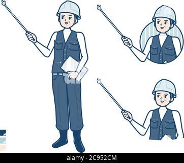 Un uomo che indossa un abbigliamento da lavoro con spiegazione con un'immagine puntata. È arte vettoriale, quindi è facile da modificare. Illustrazione Vettoriale