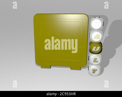Immagine grafica 3D del VAULT in verticale insieme al testo costruito intorno all'icona da lettere cubiche metalliche dalla prospettiva superiore. Eccellente per la presentazione concettuale e le presentazioni. Architettura Foto Stock