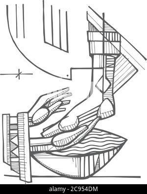 Illustrazione vettoriale disegnata a mano o disegno della scena biblica di Gesù che lavava i piedi dei suoi discepoli Illustrazione Vettoriale