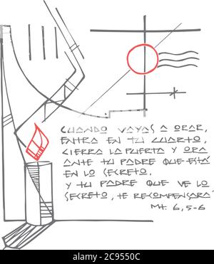 Illustrazione vettoriale disegnata a mano o disegno di alcuni simboli cristiani e una frase biblica in spagnolo che significa: Quando volete pregare, andate al vostro roo Illustrazione Vettoriale