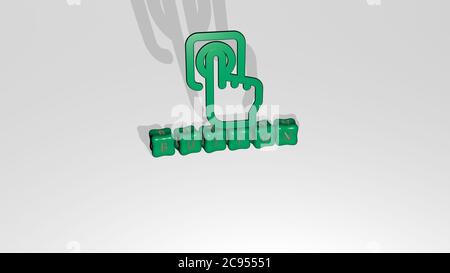 Rappresentazione 3D DEL PULSANTE con icona sulla parete e testo disposto da lettere cubiche metalliche su un pavimento a specchio per il significato concettuale e la presentazione della presentazione. Illustrazione e sfondo Foto Stock