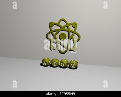 Rappresentazione 3D di Atom con icona sulla parete e testo disposto da lettere cubiche metalliche su un pavimento a specchio per significato concettuale e presentazione slideshow. Illustrazione e sfondo Foto Stock