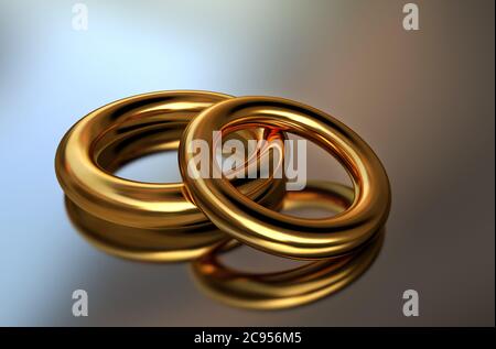 Illustrazione 3D sotto forma di due anelli d'oro come simbolo del matrimonio Foto Stock