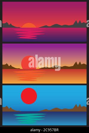 Illustrazione vettoriale dell'alba e del tramonto sull'orizzonte in un ambiente rurale con riflessi in acqua, silhouette di montagna e cielo colorato. Illustrazione Vettoriale