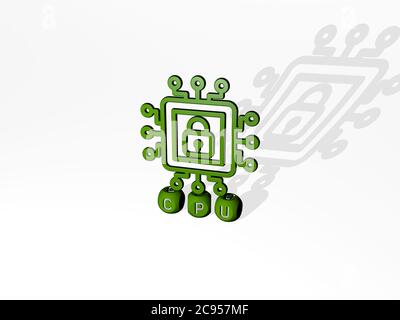 Immagine grafica 3D della CPU in verticale insieme al testo realizzato da lettere cubiche metalliche dalla prospettiva superiore, eccellente per la presentazione concettuale e le presentazioni. Computer e illustrazione Foto Stock