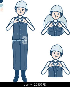 Un uomo che indossa un abbigliamento da lavoro con la creazione di un simbolo del cuore con immagini a mano. È arte vettoriale, quindi è facile da modificare. Illustrazione Vettoriale