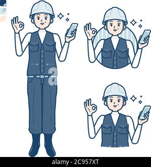 Un uomo che indossa un abbigliamento da lavoro con tenere uno smartphone e fare un OK segno immagini. È arte vettoriale, quindi è facile da modificare. Illustrazione Vettoriale