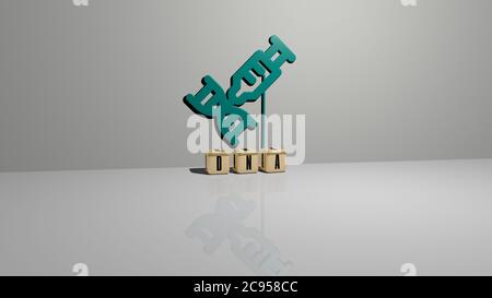 Immagine grafica 3D del dna in verticale insieme al testo realizzato da lettere cubiche metalliche dalla prospettiva superiore, eccellente per la presentazione concettuale e le presentazioni. Illustrazione e sfondo Foto Stock