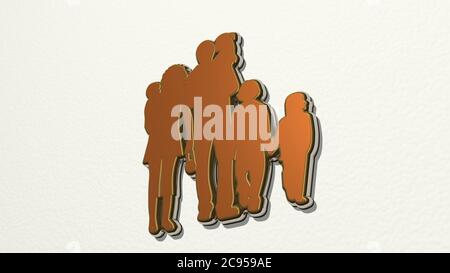 famiglia con bambini piccoli da una prospettiva sul muro. Una scultura spessa realizzata in materiali metallici di rendering 3D, felice e bella Foto Stock