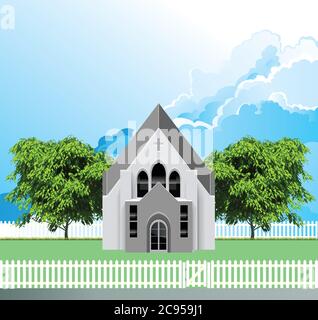 Edificio rurale chiesa parrocchiale cristiana con recinzione in picchetto bianco e cancello posto contro un cielo blu nuvoloso Foto Stock