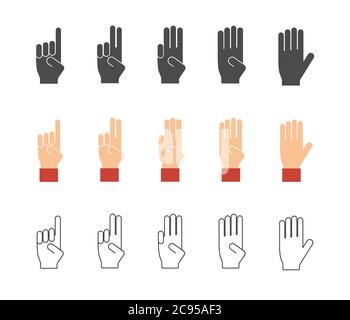 Mani di conteggio vettoriali. Icone dei gesti delle mani di Numbers. Profilo nero con pittogramma, piatto e profilo Illustrazione Vettoriale