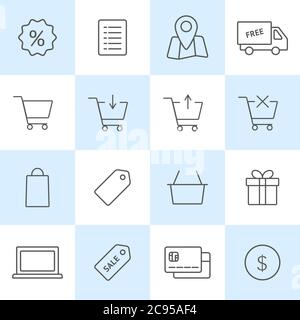 Set di icone per gli acquisti online. Simboli vettoriali su quadrati colorati. Set di carrello, cestino e borsa, consegna, vendita, mappa Illustrazione Vettoriale