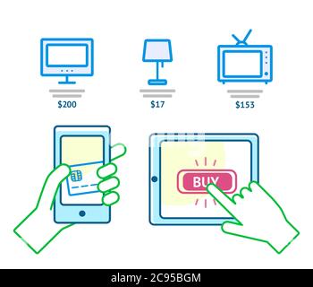 Icone di shopping online. Elaborazione dello shopping online. Infografica della linea vettoriale Illustrazione Vettoriale