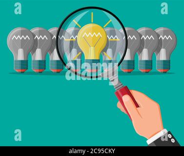 Lampadina idea luminosa sotto la lente di ingrandimento. Unicità, individualità, in modo diverso da folla. Creatività, idee, ispirazione, motivazione. Avvio aziendale. Illustrazione vettoriale piatta Illustrazione Vettoriale