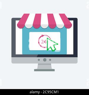 Concetto di shopping online. Illustrazione vettoriale piatta. PC moderno con la facciata del negozio online sullo schermo Illustrazione Vettoriale