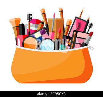 Raccolta trucco in borsa. Set di cosmetici decorativi. Negozio di make-up. Spazzole varie, profumo, mascara, lucentezza, polvere, rossetto e arrossamento. Bellezza e moda. Illustrazione vettoriale piatta Cartoon Illustrazione Vettoriale