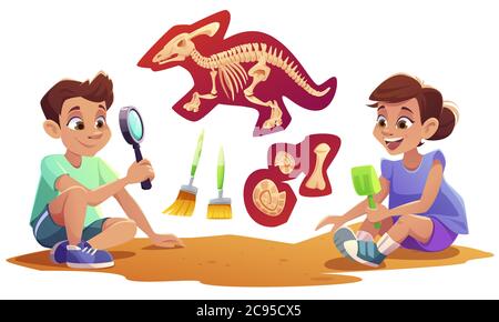 Bambini che giocano in archeologi che lavorano su scavi paleontologici scavando terreno con pala ed esplorando manufatti con lente d'ingrandimento. I bambini studiano i fossili dei dinosauri. Illustrazione vettoriale dei cartoni animati Illustrazione Vettoriale